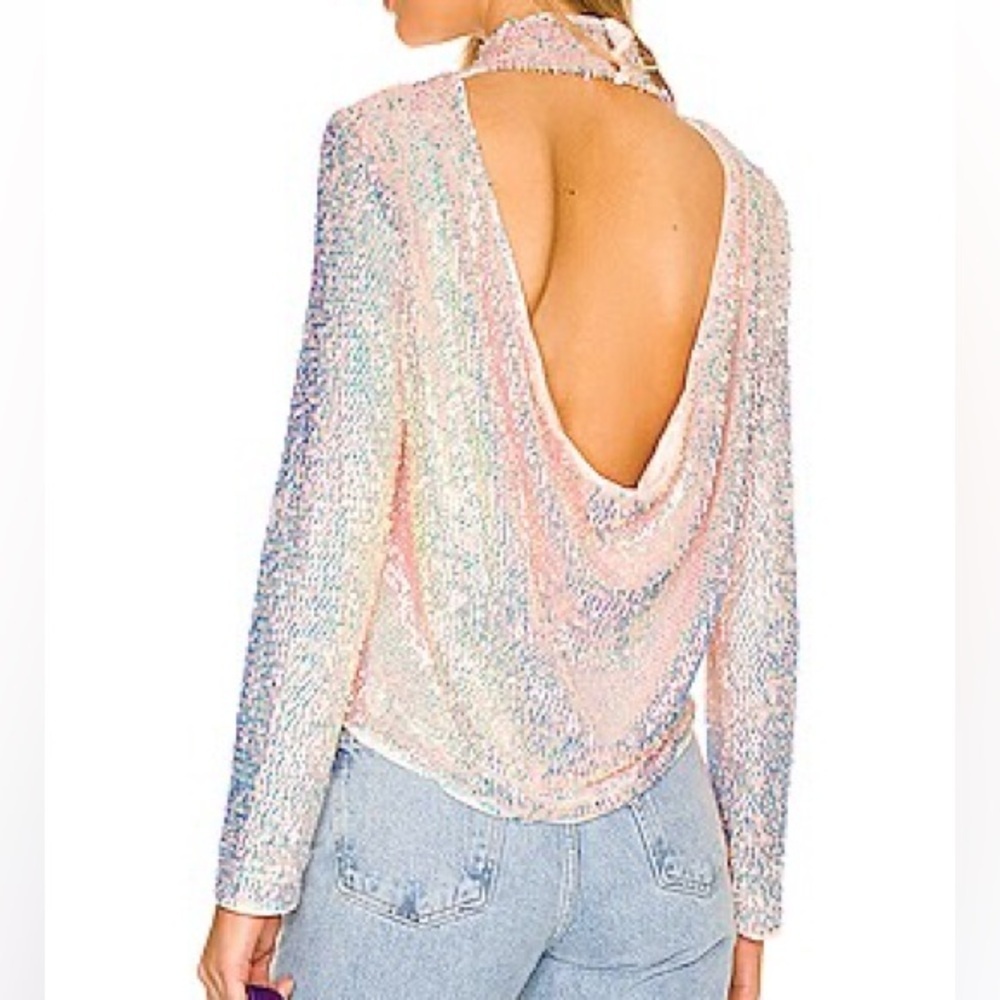 ASTR The Label | Lia Sequin Mock Neck Open Back Top Size Small Iridescent Pink
